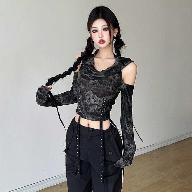 Street Fashion Y2K - Off Shoulder Hoodie Long Sleeve T