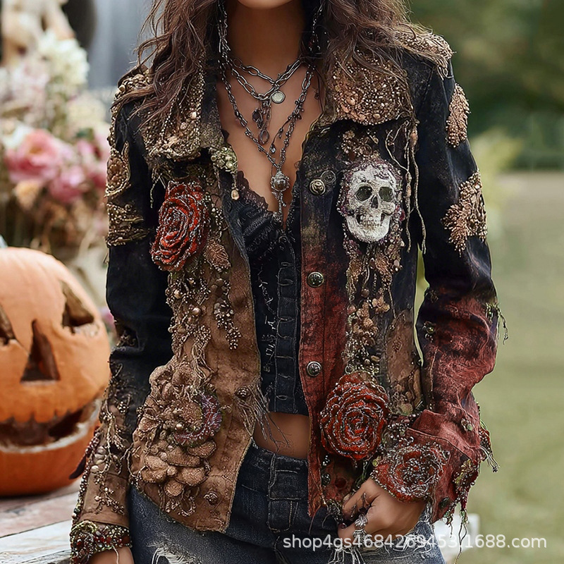 Gothic Punk Skull Rose Embroid - Street Fashion Y2K ulasan dan harga