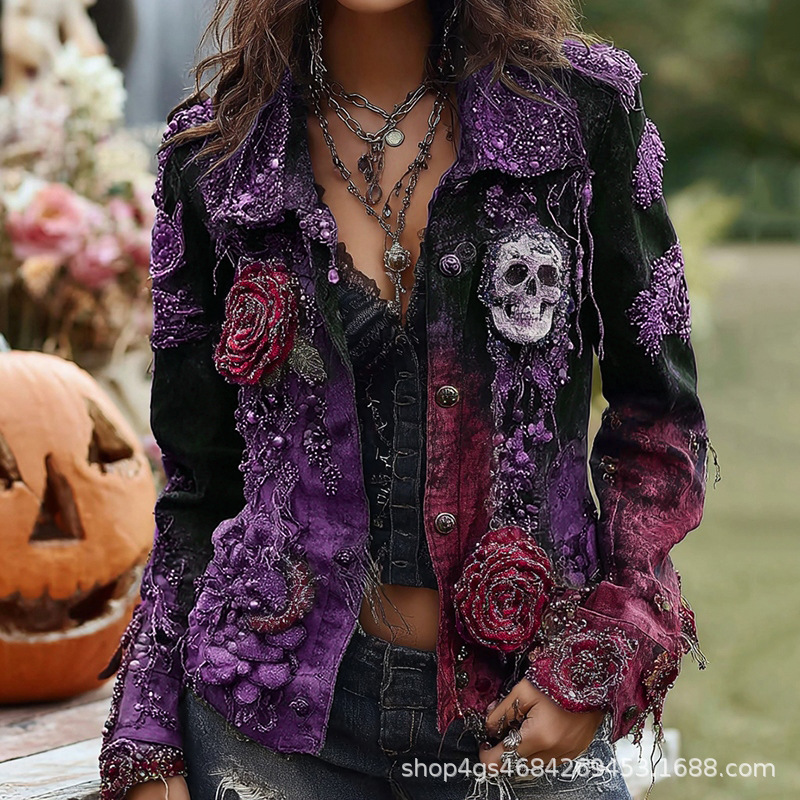 Gothic Punk Skull Rose Embroid - Street Fashion Y2K ulasan dan harga