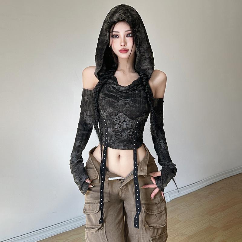 Off Shoulder Hoodie Long Sleev - Street Fashion Y2K ulasan dan harga
