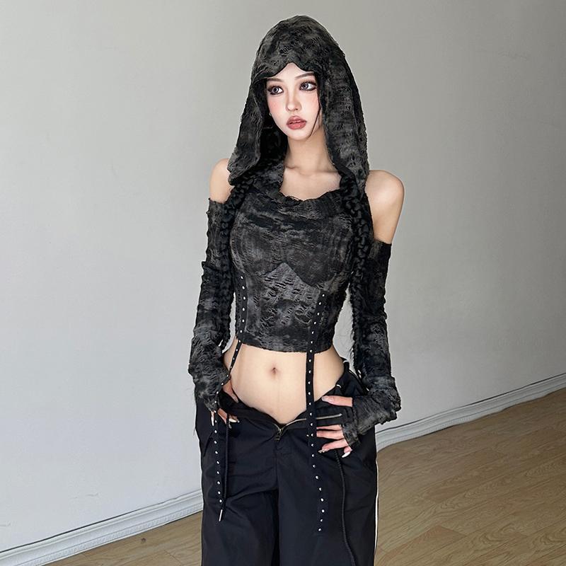 Off Shoulder Hoodie Long Sleev - Street Fashion Y2K ulasan dan harga