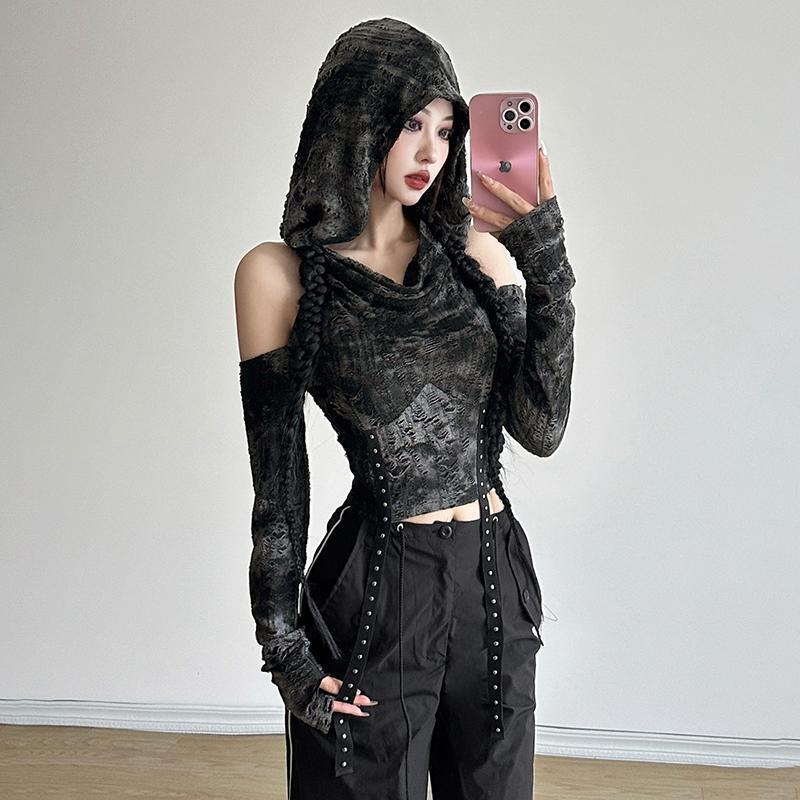 Off Shoulder Hoodie Long Sleev - Street Fashion Y2K ulasan dan harga